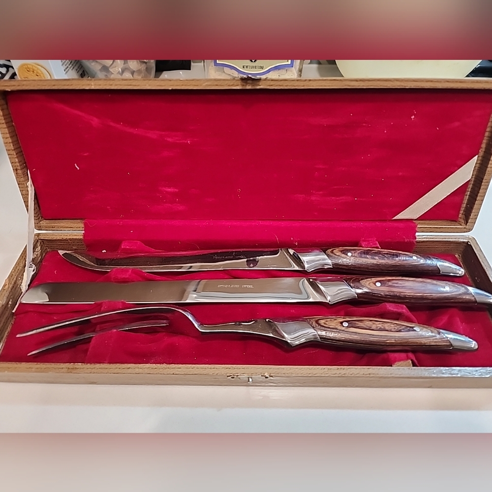 Vintage 3 Piece Stainless Steel Full Tang Japan Carving Set With Wooden Handles